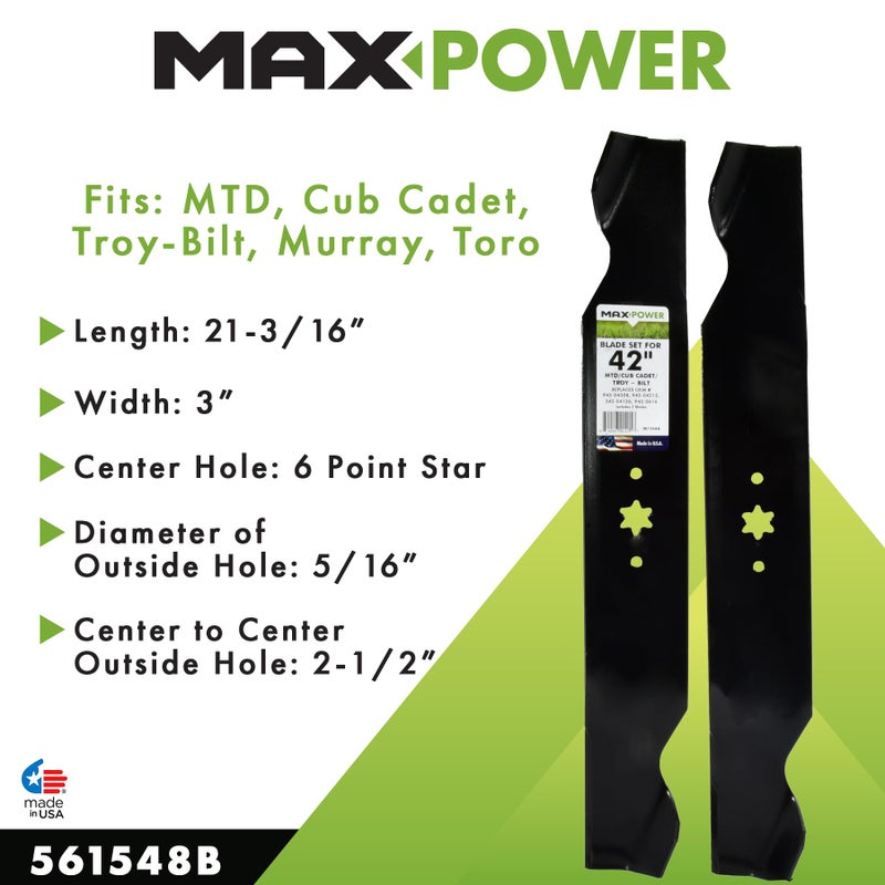 Maxpower مجموعة شفرات MaxPower 561548B 2 لعديد من جزازات العشب 42" MTD وCub Cadet وTroy-Bilt تستبدل OEM #s 742-04308 و942-04308 و742-0656 و942-0656 - Image 2
